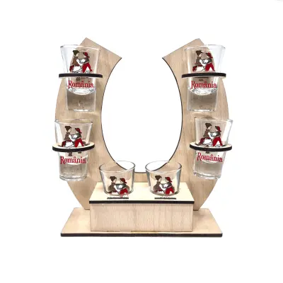 Tarani port popular romania, suport potcoava din lemn cu 6 pahare tip shout, model hgs048